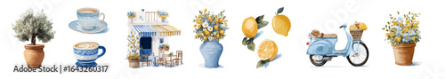 Amalfi Italy set, Italian Summer Lifestyle — Coffee, Lemons, Flowers and Vespa in Mediterranean Style. Watercolor. Collection of Vector  illustrations, . Perfect for invitation, card, poster, banner