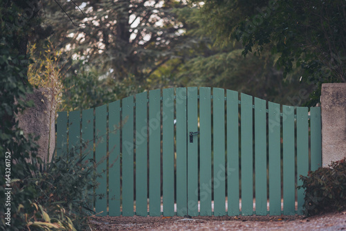Charming green gate opens to a serene garden pathway surrounded by lush foliage at dusk