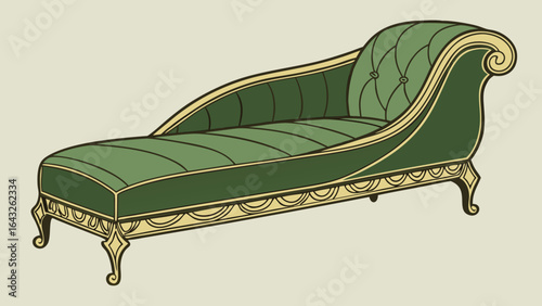 Illustration of a green chaise lounge with golden trim and tufted back resting on a cream background
