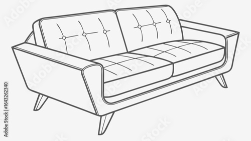 Illustration of a two seat sofa with tufted cushions and angled armrests in a line art style design