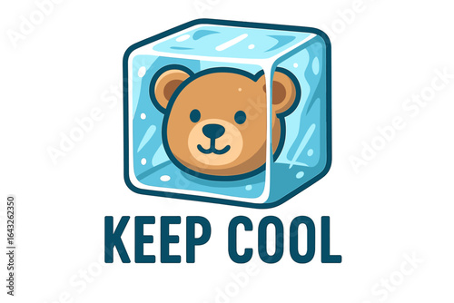 Cute bear inside a transparent ice cube with a playful message that encourages staying cool during warm days