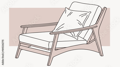 Illustration of a modern armchair with a white cushion and pillow against a neutral background