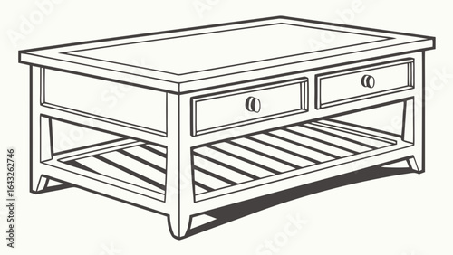 Illustration of a rectangular coffee table with two drawers and a slatted shelf underneath it