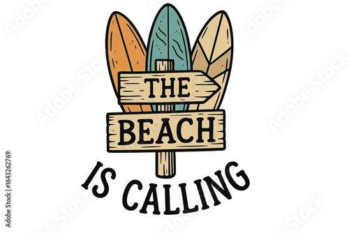 Sign with surfboards inviting visitors to enjoy the beach during summer days