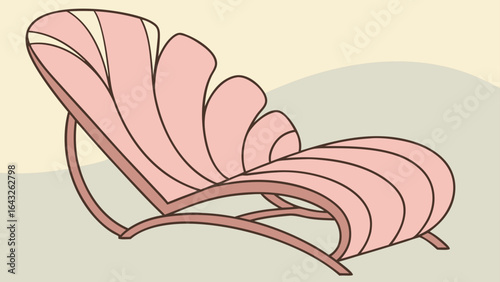 Illustration of a pink chaise lounge chair with a unique shell shaped back and curved frame design