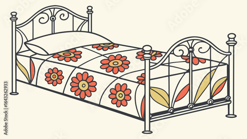 Illustration of a metal framed bed with a floral patterned quilt and a white pillow on top of the bed
