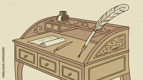 Illustration of a vintage writing desk with a quill, inkwell, scroll, and brush on a neutral background