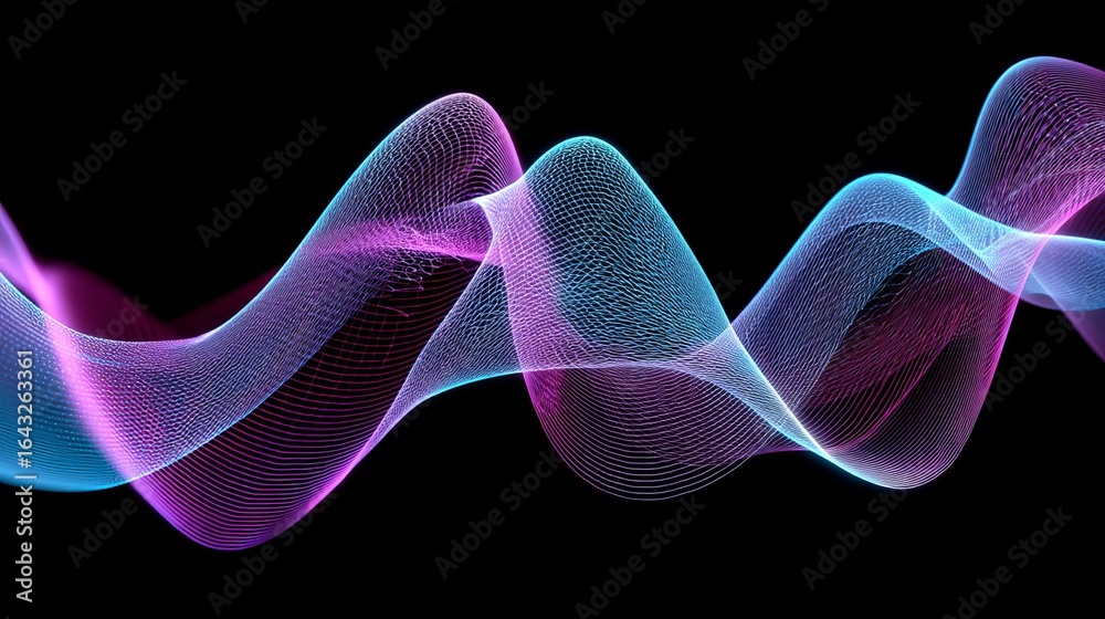 Fototapeta premium Abstract wave patterns in vibrant pink and blue tones on a dark background create a mesmerizing visual effect.