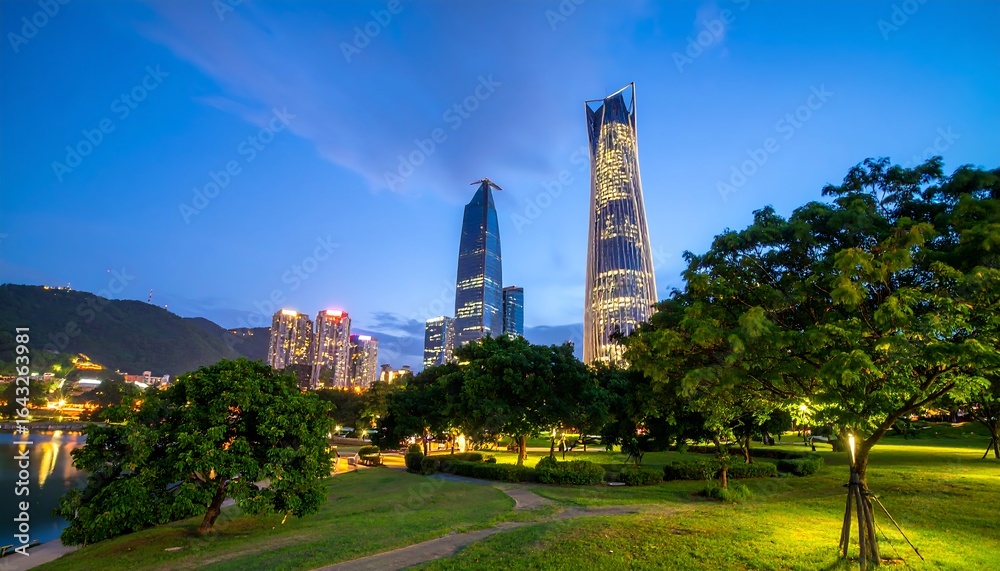 Fototapeta premium City skyline at twilight with modern buildings and park