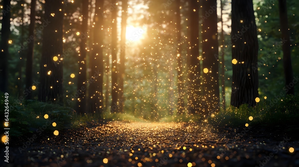 Naklejka premium Magical forest path at sunset with glowing fireflies and golden bokeh lights creating enchanting atmosphere on dark woodland trail in summer evening.