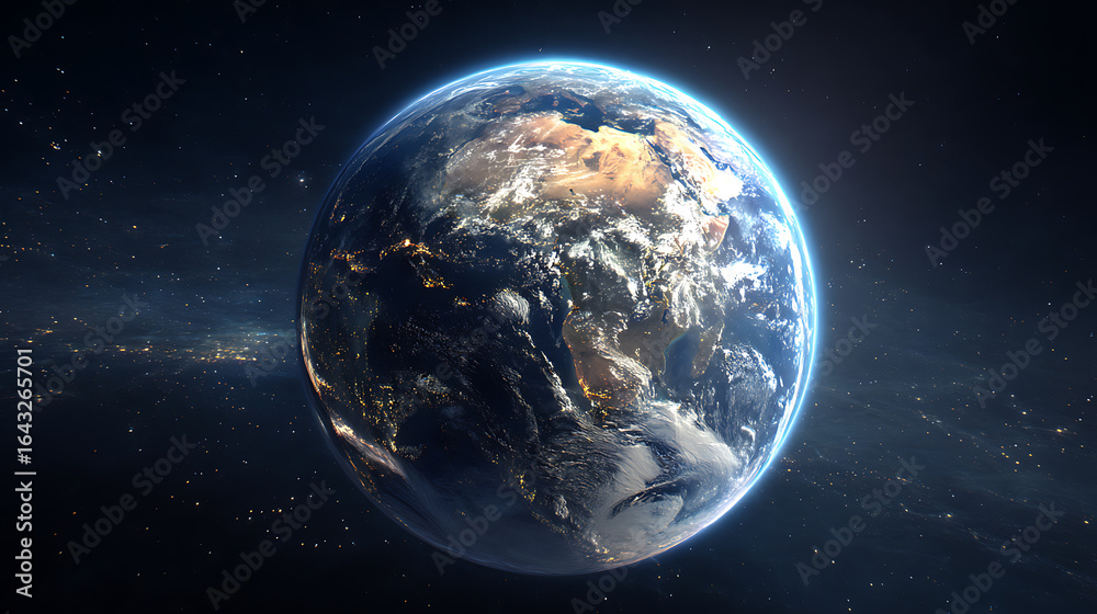 Fototapeta premium High - Definition Realistic Image of Earth from Space with Continents, Oceans, Clouds and Atmosphere, Cosmic Perspective
