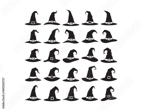 A collection of witch hats in different shapes, all silhouetted against a white background.
