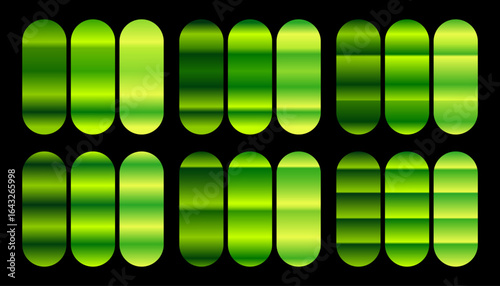 Vector set of glossy green gradients. A collection of smooth and shiny metallic color palettes for modern graphic design.