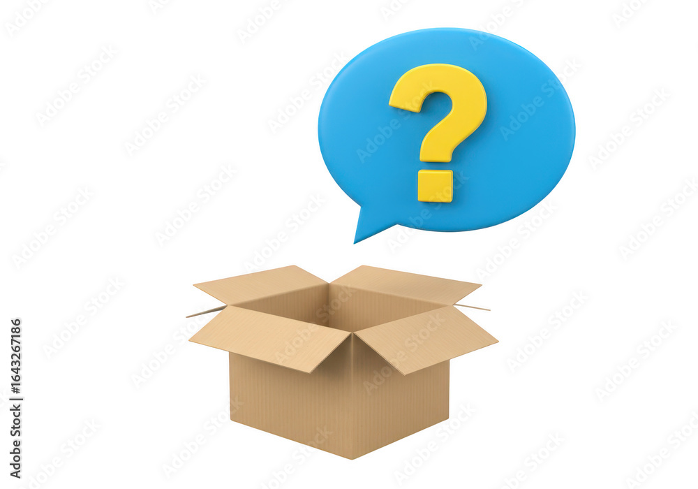 Open cardboard box with a blue speech bubble containing a yellow question mark isolated on transparent background Open cardboard box with a blue speech bubble containing a yellow question mark isolated on transparent background