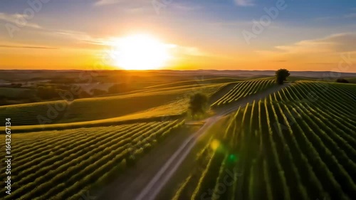 Rolling Green Hills at Sunset: Aerial View of Palouse Farmlands with Golden Light