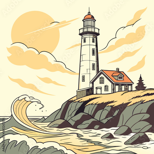 Coastal Sentinel: A towering lighthouse, perched atop rugged cliffs, guides ships through the treacherous sea with its beacon of hope and security. The scene is a beautiful coastal environment.