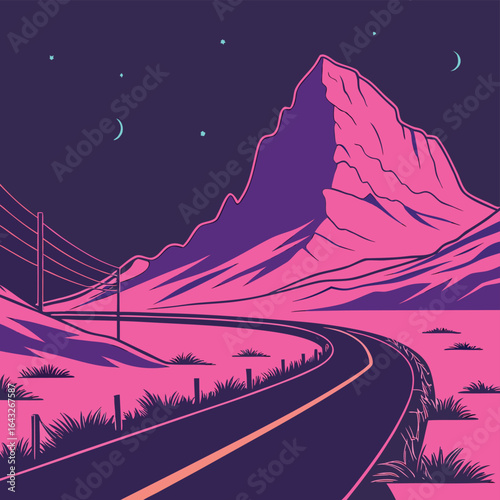 Road to the Summit: A winding road guides viewers toward a majestic mountain peak under a starlit sky, with a touch of dreamy aesthetic. 