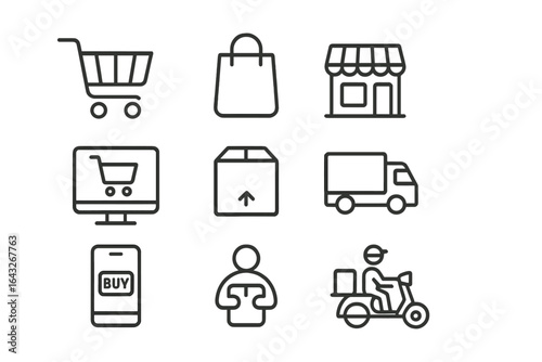 Shopping icons depicting various online and in-store retail activities, including carts, bags, and delivery services