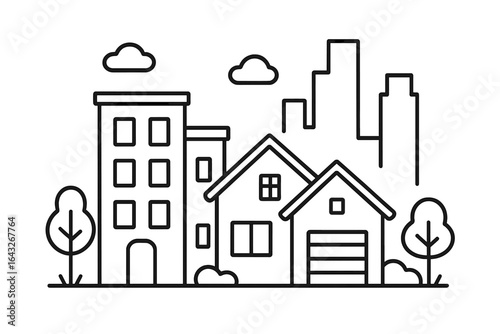 Urban landscape blending residential houses and commercial buildings under a cloudy sky during the day