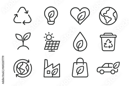 Icons representing sustainability concepts in a minimalist design for environmental awareness