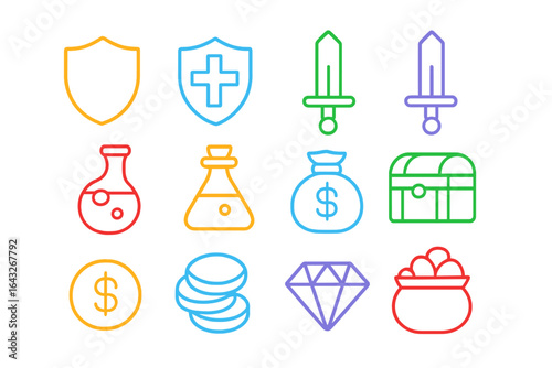 Colorful collection of fantasy gaming icons featuring shields, swords, potions, and treasures