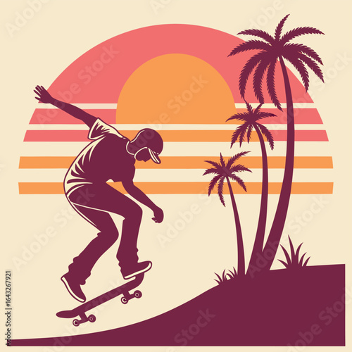Skateboarder Silhouette at Sunset: A dynamic silhouette of a skateboarder executing a stylish trick against the backdrop of a vibrant sunset and tropical palm trees.