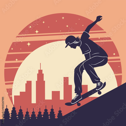 Skateboarder silhouette: A dynamic silhouette of a skateboarder executing a trick against a backdrop of an urban skyline and setting sun. Capturing energy, passion and urban culture.