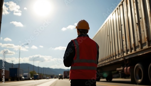 a moment of a worker in safety attire standing by a busy highway with several trucks present, possibly overseeing traffic or taking a break from transport duties under a