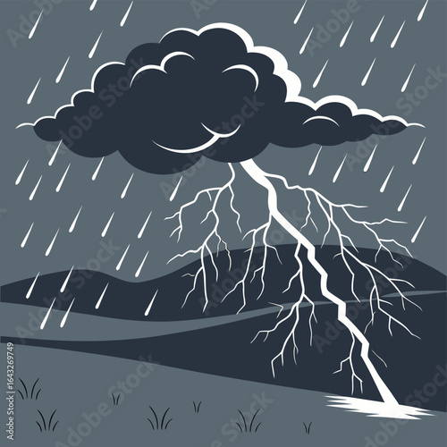 Illustrative Storm: A stylized, eye-catching illustration depicts a dramatic storm, showcasing a thunderous cloud, a dazzling lightning bolt, and heavy rainfall cascading over a landscape. 