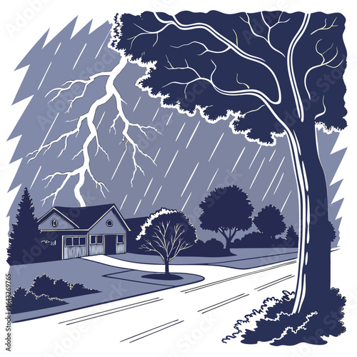 Stormy Day: A dramatic illustration captures a moment of a powerful storm, featuring lightning striking near a house, heavy rain, and a majestic tree silhouetted against the turbulent sky. 