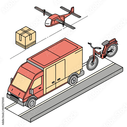 Fleet of the Future: A futuristic illustration showcases a comprehensive transport system featuring a cargo drone, a delivery van, a parcel, and a bicycle, all ready to redefine how goods travel.