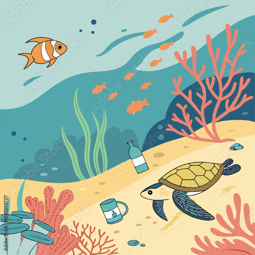 Oceanic Cleanup: Vibrant illustration shows an underwater scene, a playful gathering of marine life navigates through a sea polluted with litter.