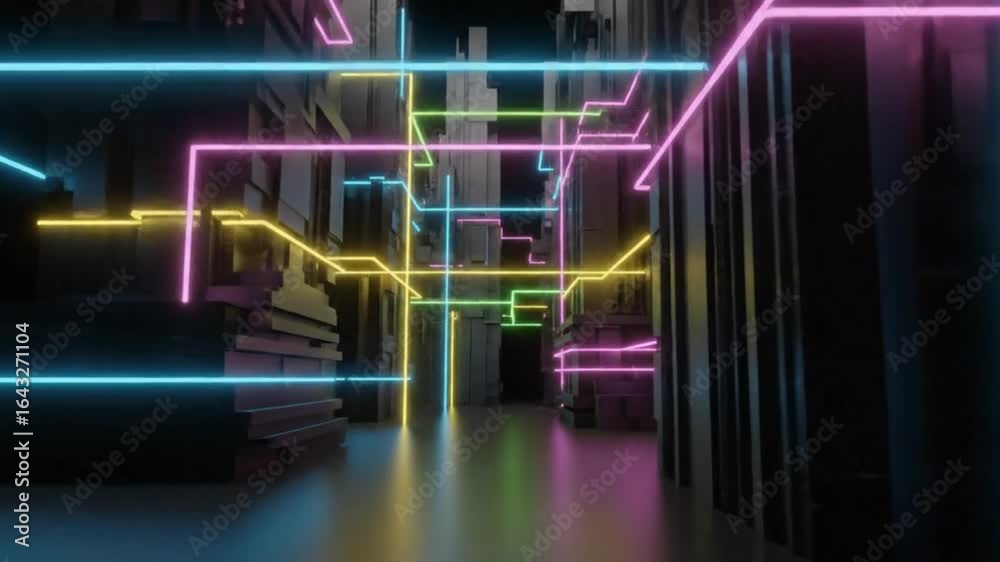 Futuristic Neon Cityscape with Glowing Lines Traversing Abstract Urban ...