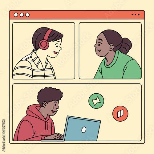 Virtual Meeting: A vivid depiction of a virtual meeting interface with three engaging participants connected, perfect for illustrating remote collaboration and digital interaction. 