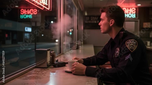A Lonely Police Officer's Nighttime Break in a Diner, Contemplating the City Lights