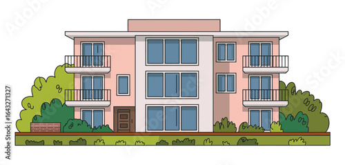 Modern pink apartment building with greenery and balconies