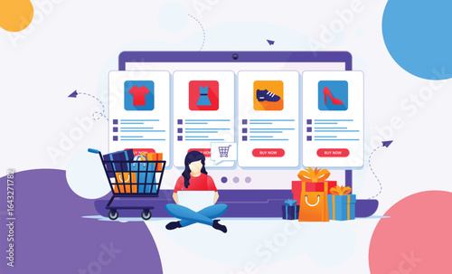 A vibrant illustration depicting an online clothing store experience, featuring a shopping cart, clothing items, and a stylized mannequin.