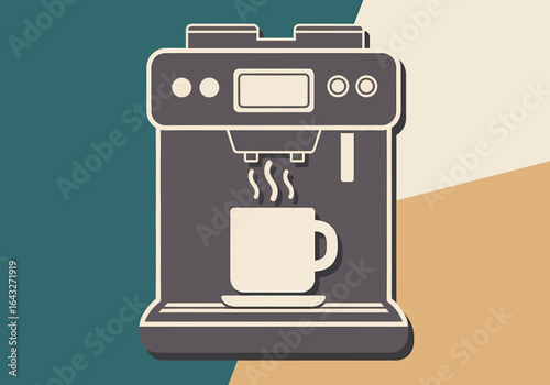 A stylized illustration of a coffee machine brewing a cup of coffee, with steam rising against a split-tone background.