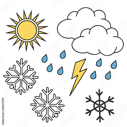 Weather Elements Icon Set: A curated collection of weather icons including a bright sun, fluffy clouds, raindrops, lightning bolt, and snowflakes.