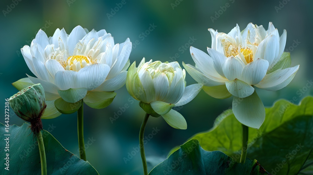 Fototapeta premium White Lotus Flowers in Bloom with Green Leaves