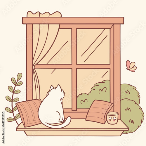 Cat Contemplating Life: An adorable cartoon cat finds serenity, sitting on a windowsill with a view. A picturesque view outside the window enhances a feeling of joy and peace.