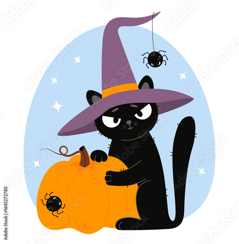 Cute Black Cat Halloween In Witch Hat With spider and Orange Pumpkin. Autumn holiday Funny Pet character. Vector illustration. Not AI