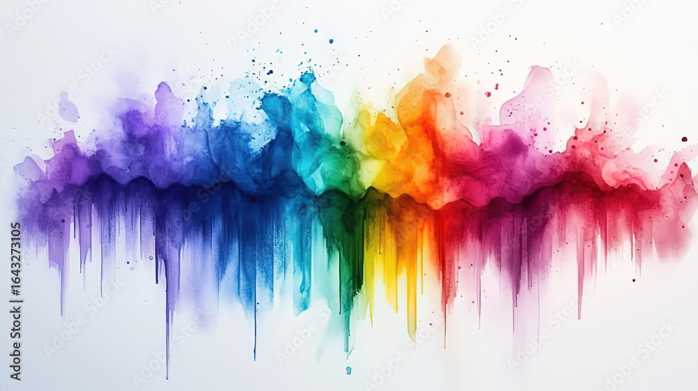 Fototapeta premium Vibrant Rainbow - Hued Watercolor Blot with Dripping Effect on White Background 