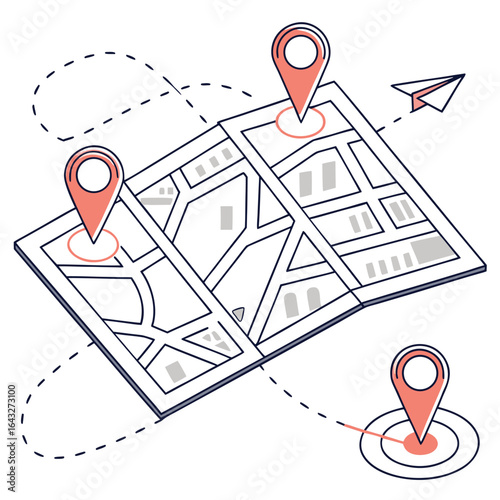 Navigational Compass: A stylized map with pin indicators, a folded design, accompanied by a paper plane, offering visual metaphors of discovery and destination.