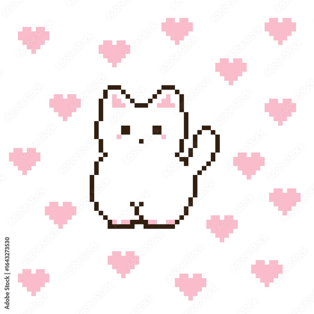 Fototapeta premium An adorable white pixel art cat with a waving paw, surrounded by pink pixel hearts. This cute 8-bit digital illustration is perfect for pet-themed designs, love messages, stickers, icons, background.
