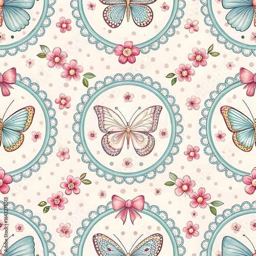 Vintage seamless pattern with delicate butterflies and pink roses on a polka dot background