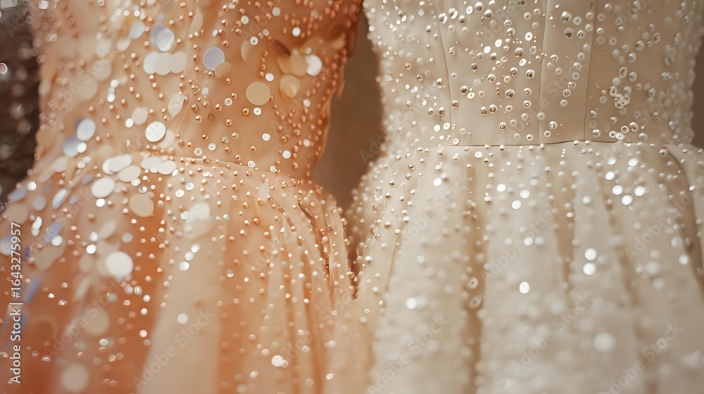 Fototapeta premium Elegant wedding dresses with delicate pearl embellishments and sparkly details in beige and ivory tones, close-up view showing luxurious fabric texture and intricate beadwork.