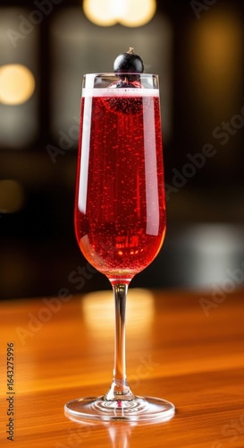Elegant kir royale cocktail with a blackcurrant garnish in a champagne flute at a bar