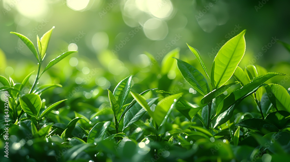 Obraz premium Macro Shot of Fresh Green Tea Leaves in Dewy Garden - Nature Background for Print, Card, Poster