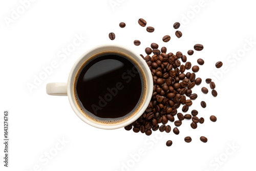 Top  view of Black coffee and coffee beans isolated on White Background